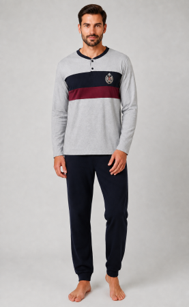 Pijamale - Pijama Barbati din Bumbac, Bluza Gri cu Detalii Bleumarin si Bordo, Pantaloni Lungi Bleumarin