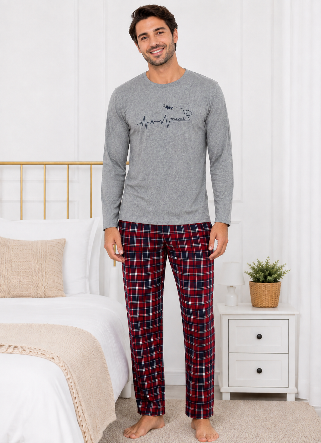 Pijamale barbati bumbac - Pijama barbati din bumbac cu bluza gri maneca lunga si pantaloni rosii in carouri