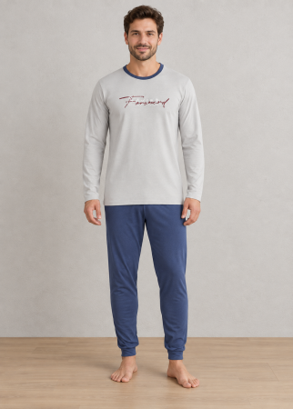 Pijamale barbati bumbac - Pijama barbati din bumbac, bluza cu maneca lunga si pantaloni lungi, gri 2007
