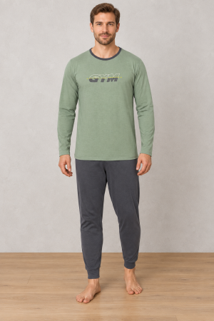 Pijamale barbati bumbac - Pijama barbati din bumbac, bluza cu maneca lunga si pantaloni lungi, verde1583