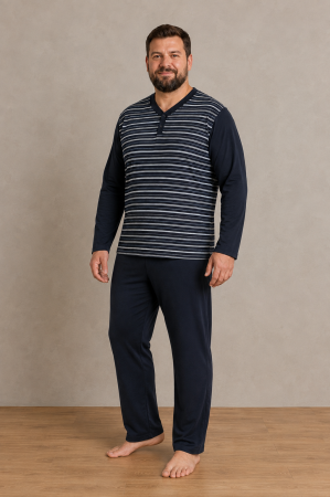 Pijamale barbati - Pijama Barbati Marimi Mari din Bumbac, Bluza cu Dungi si Pantaloni Lungi Bleumarin
