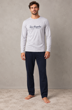 Pijamale barbati bumbac - Pijama Barbati din Bumbac cu Bluza Gri Los Angeles si Pantaloni Bleumarin