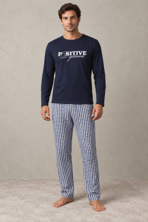 Pijamale barbati bumbac - Pijama barbati din bumbac cu bluza bleumarin si pantaloni in carouri, maneca lunga