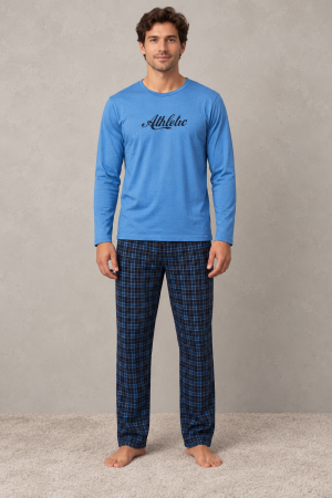 Pijamale barbati bumbac - Pantaloni Pijama Barbati din Bumbac, Carouri Bleumarin-Albastru, Confortabili pentru Casa
