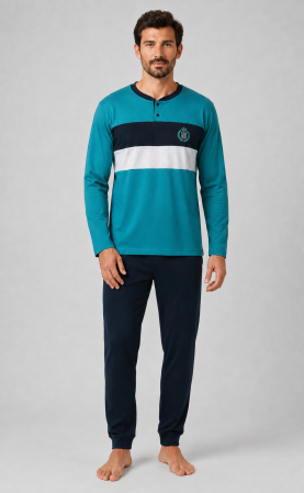 Pijamale - Pijama Barbati din Bumbac cu Maneca Lunga si Pantaloni Lungi, Turcoaz cu Negru