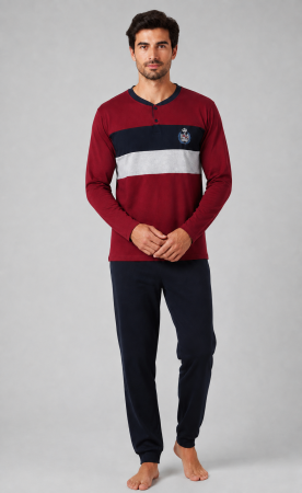 Pijamale - Pijama Barbati din Bumbac, Bluza Bordo cu Dungi si Pantaloni Bleumarin, Maneca Lunga