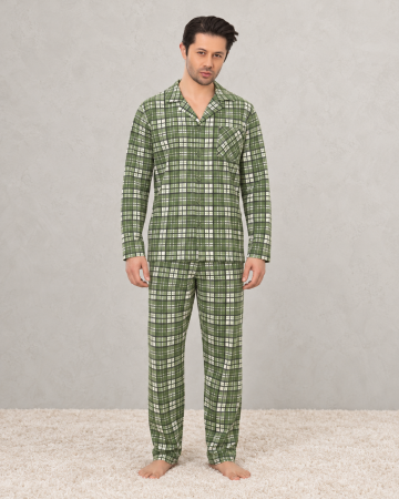 Pijamale - Pijama Barbati din Bumbac cu Nasturi, Maneca Lunga si Pantaloni Lungi, Model in Carouri 255 verde