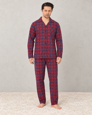 Pijamale - Pijama Barbati din Bumbac cu Nasturi, Maneca Lunga si Pantaloni Lungi, Model in Carouri 258 visiniu