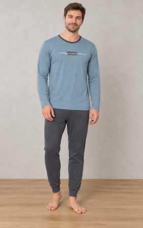 Pijamale barbati bumbac - Pijama barbati din bumbac, bluza cu maneca lunga si pantaloni lungi, Albastru-Gri 1582