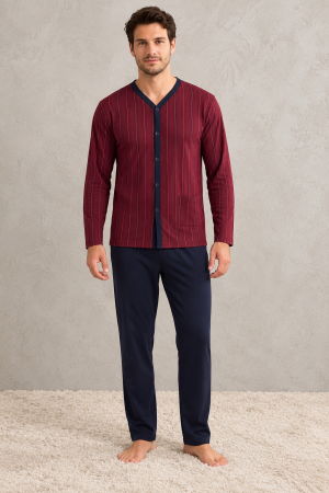 Pijamale - Pijama Barbati din Bumbac, Bluza Bordo cu Nasturi si Pantaloni Bleumarin, Maneca Lunga 3010
