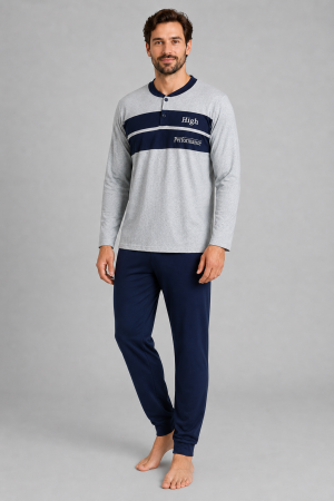 Pijamale barbati bumbac - Pijama Barbati din Bumbac Gri cu Pantaloni Bleumarin, Maneca Lunga