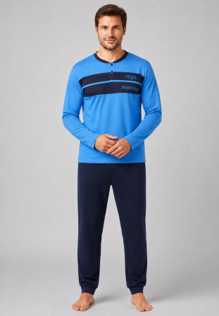 Pijamale barbati bumbac - Pijama Barbati din Bumbac Albastra cu Pantaloni Bleumarin, Maneca Lunga