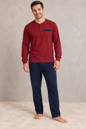 Pijamale barbati bumbac - Pijama Barbati Bumbac Gros Premium Interlock, Bluza Bordo si Pantaloni Bleumarin, Maneca Lunga