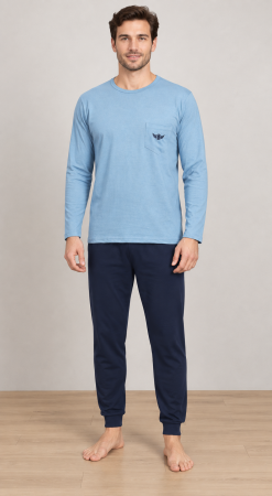 Pijamale barbati bumbac - Pijama barbati din bumbac premium, bluza cu maneca lunga si pantaloni lungi 1050