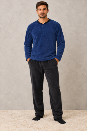 Pijamale cocolino barbati - Pijama Polar Barbati Groasa si Pufoasa Cocolino, Bluza Bleumarin si Pantaloni Gri Inchis