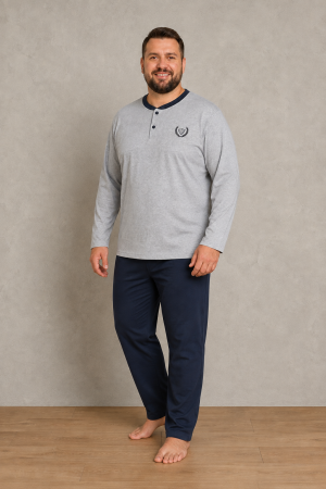 Pijamale barbati - Pijama Barbati Marimi Mari din Bumbac, Bluza Gri cu Maneca Lunga si Pantaloni Bleumarin