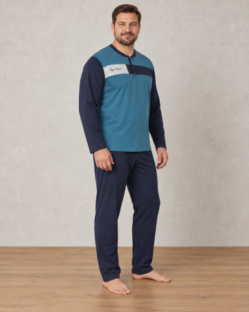 Pijamale barbati - Pijama bumbac marime mare Barbati cu Maneca Lunga, Bluza Albastru  Bleumarin si Pantaloni Lungi