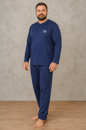 Pijamale barbati - Pijama Barbati Marimi Mari din Bumbac, Bleumarin, Bluza cu Maneca Lunga si Pantaloni Lungi