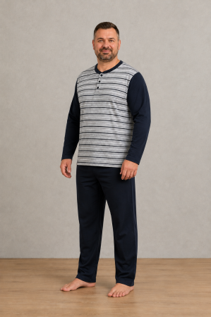 Pijamale barbati - Pijama Barbati Marimi Mari din Bumbac, Bluza Gri cu Dungi si Pantaloni Bleumarin