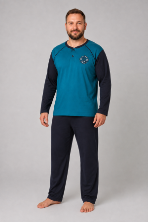 Pijamale barbati - Pijama Barbati Marimi Mari din Bumbac, Bluza Turcoaz cu Maneca Lunga si Pantaloni Bleumarin