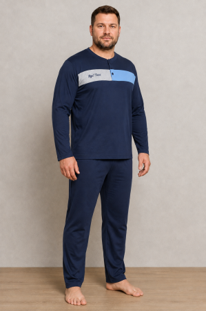 Pijamale barbati - Pijama Barbati Marimi Mari din Bumbac, Bleumarin cu Detalii Gri si Albastre, Maneca Lunga si Pantaloni Lungi