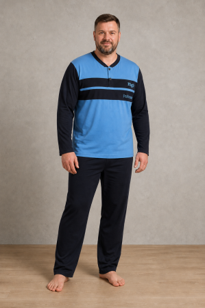 Pijamale barbati - Pijama Barbati Marimi Mari din Bumbac, Bluza Albastra cu Maneca Lunga si Pantaloni Bleumarin