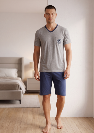 Pijamale barbati bumbac - Pijama Barbati Scurta din Bumbac, Set de Vara, maneca si pantaloni scurti gri 1062