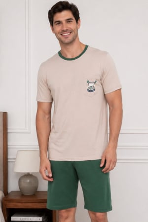 Pijamale barbati bumbac - Pijama Barbati Scurta din Bumbac, Set de Vara, maneca si pantaloni scurti bej 1066