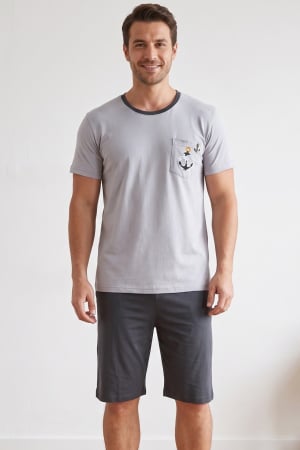 Pijamale barbati bumbac - Pijama Barbati Scurta din Bumbac, Set de Vara, maneca si pantaloni scurti gri 3003