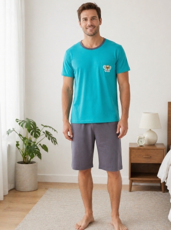 Pijamale barbati bumbac - Pijama Barbati Scurta din Bumbac, Set de Vara, maneca si pantaloni scurti verde 3005
