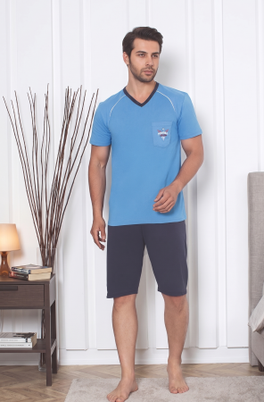 Pijamale barbati bumbac - Pijama Barbati Scurta din Bumbac, Set de Vara, maneca si pantaloni scurti bleu 3006