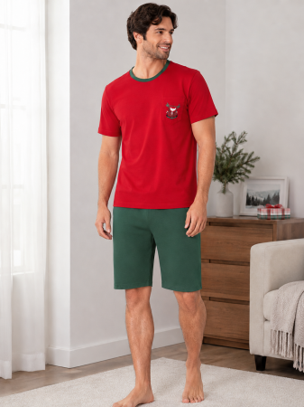 Pijamale barbati bumbac - Pijama Barbati Scurta din Bumbac, Set de Vara, maneca si pantaloni scurti visiniu 1065