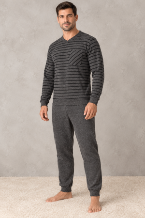 Pijamale barbati - Pijama Barbati Vatuita Groasa de Iarna, Calduroasa, Bluza cu Dungi si Pantaloni 411