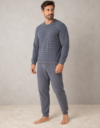 Pijamale barbati - Pijama Barbati Vatuita Groasa de Iarna, Calduroasa, Bluza cu Dungi si Pantaloni 414