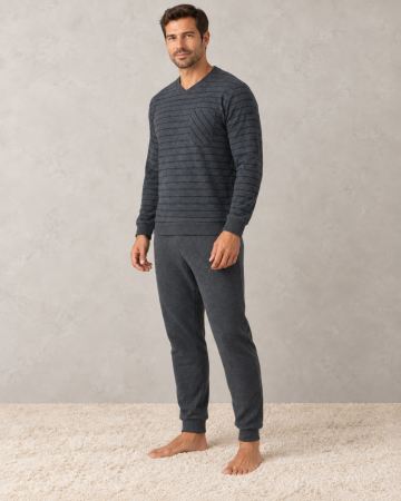 Pijamale barbati bumbac - Pijama Barbati Vatuita Groasa de Iarna, Calduroasa, Bluza cu Dungi si Pantaloni Gri