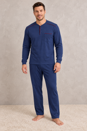 Pijamale barbati bumbac - Pijama Barbati din Bumbac Gros Premium Interlock, Bleumarin, cu Maneca Lunga si Pantaloni Lungi