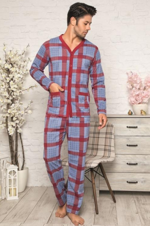 Pijama bumbac barbat, maneci si pantaloni lungi, buzunare laterale, albastru/visiniu [0]