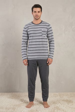Pijamale barbati bumbac - Pijama Barbati Bumbac Premium, Set Bluza cu Maneca Lunga in Dungi si Pantaloni Lungi cu Mansete, Gri