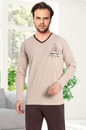 Pijama bumbac barbat, cu maneci si pantaloni lungi, imprimeu royal, maro [2]