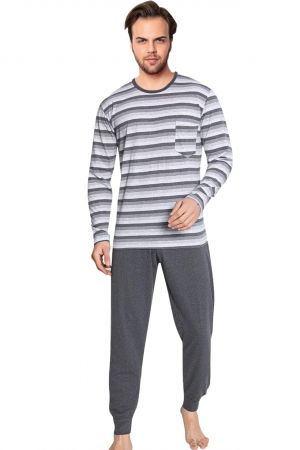 Pijama bumbac barbat, cu maneci si pantaloni lungi, imprimeu cu dungi, gri [4]