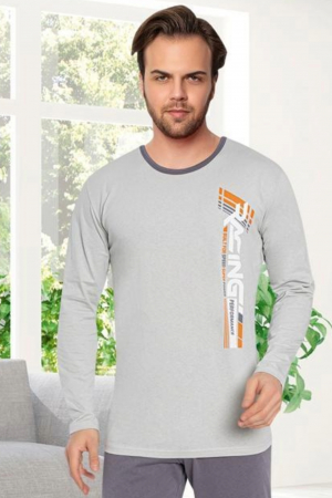 Pijama bumbac barbat, cu maneci si pantaloni lungi, imprimeu racing, gri, embody [2]