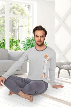 Pijama bumbac barbat, cu maneci si pantaloni lungi, imprimeu racing, gri, embody [1]