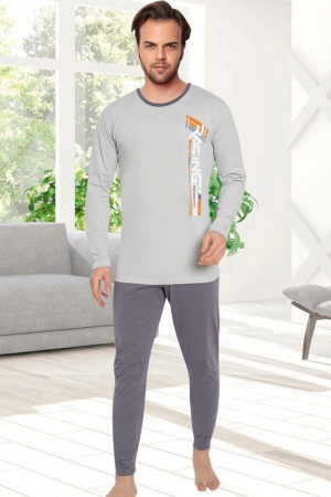 Pijamale - Pijama bumbac barbat, cu maneci si pantaloni lungi, imprimeu racing, gri, embody