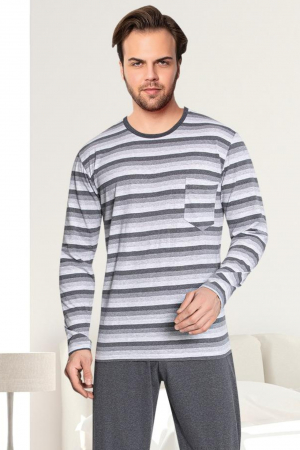 Pijama bumbac barbat, cu maneci si pantaloni lungi, imprimeu cu dungi, gri [2]