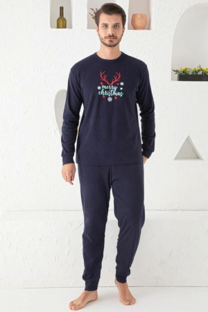 Pijama bumbac barbat, cu maneci si pantaloni lungi, imprimeu Craciun, bleumarin, embody.ro [0]