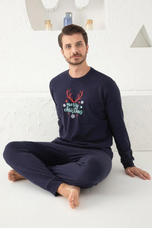 Pijama bumbac barbat, cu maneci si pantaloni lungi, imprimeu Craciun, bleumarin, embody.ro [1]