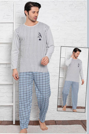 Pijama bumbac barbat, cu maneci si pantaloni lungi, imprimeu A, gri [1]