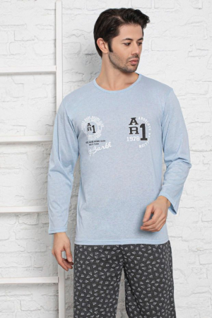 Pijama bumbac barbat, cu maneci si pantaloni lungi, imprimeu ar1, albastru [2]
