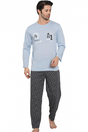 Pijama bumbac barbat, cu maneci si pantaloni lungi, imprimeu ar1, albastru [3]
