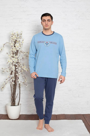 Pijamale barbati bumbac - Pijama bumbac barbat, cu maneci si pantaloni lungi, imprimeu tenis, albastru, embody